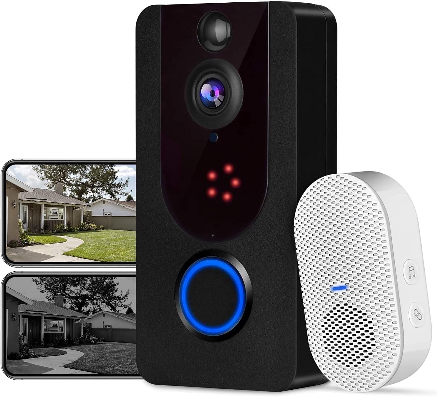 1080P FHD Resolution Doorbell Camera Wireless, Video doorbell Camera, PIR Motion Detection, 2-Way Audio, Free Wireless Chime, 100% Wireless Installation, Cloud Storage 