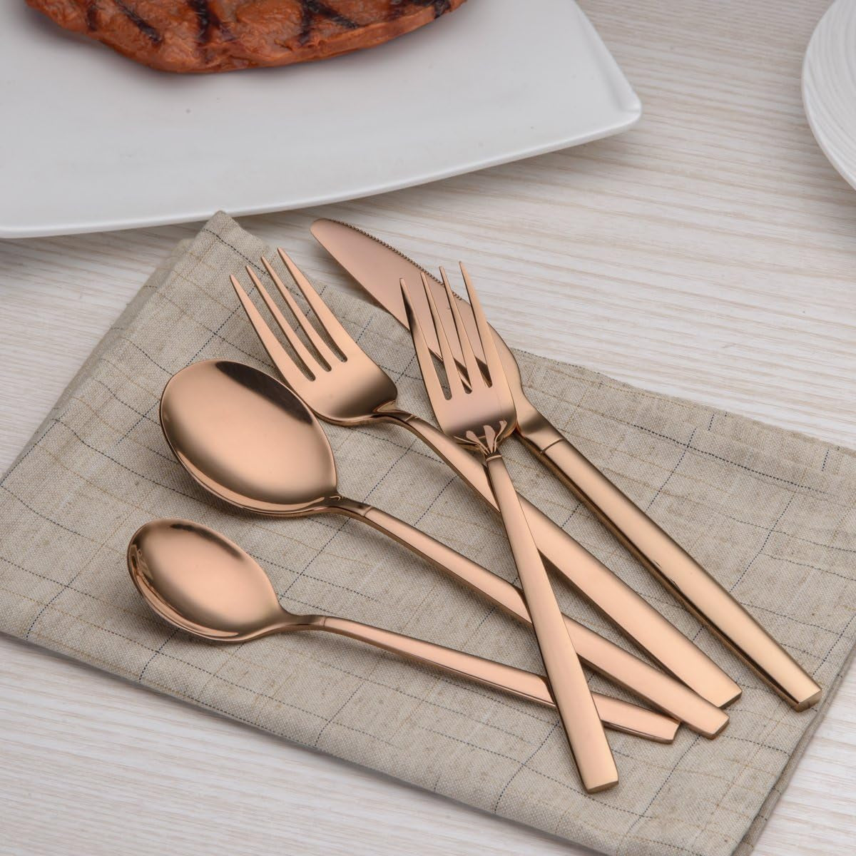 Shiny Copper 20-Piece Titanium Rose Gold Plated Stainless Steel Flatware Set - Includes Copper Silverware Set for 4 People, Creating a Stunning Copper Color Cutlery Set.