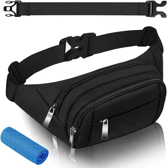 Large Capacity Waterproof Fanny Pack for Women and Men - Includes 4 Pockets - Running Belt Fits MAX 7.9'' iPad & 6.6'' Cellphone iPhone - Complete with Cooling Towel - Color: Blue.