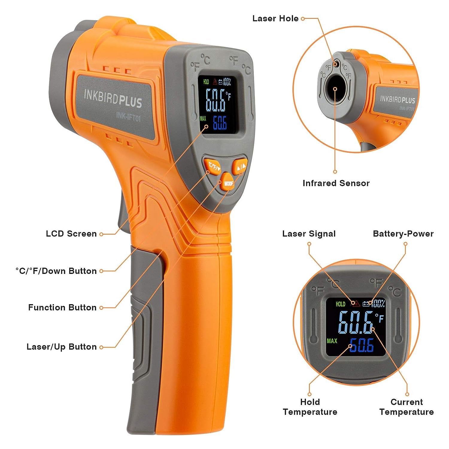 Infrared Thermometer - A Non-Contact Digital Laser Temperature Gun with a wide range of -58℉~1022℉ for instant temperature reading. It's adjustable emissivity makes it suitable for various applications including Cooking, Pizza Oven, Meat, Barbecue Grill