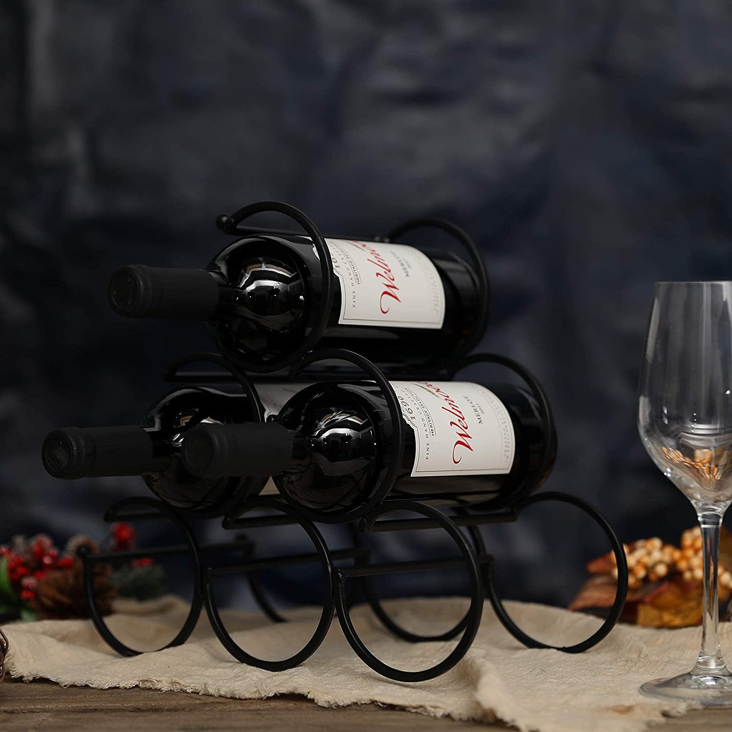 Tabletop Wine Rack: Rustic Iron Design, Holds 6 Bottles, 11.6x6.2x11 inches.