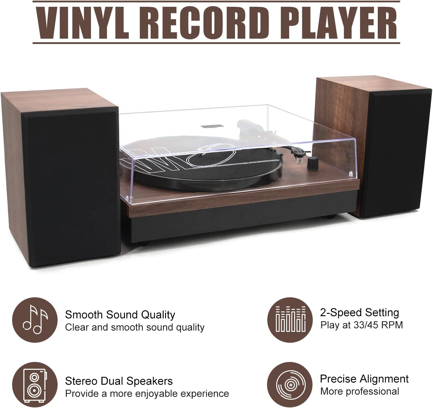 Wireless Turntable HiFi System with Bookshelf Speakers - This 2-Speed Belt-Drive Turntable for Vinyl Records offers Wireless Playback and Auto-Stop feature. It comes in a Walnut finish.