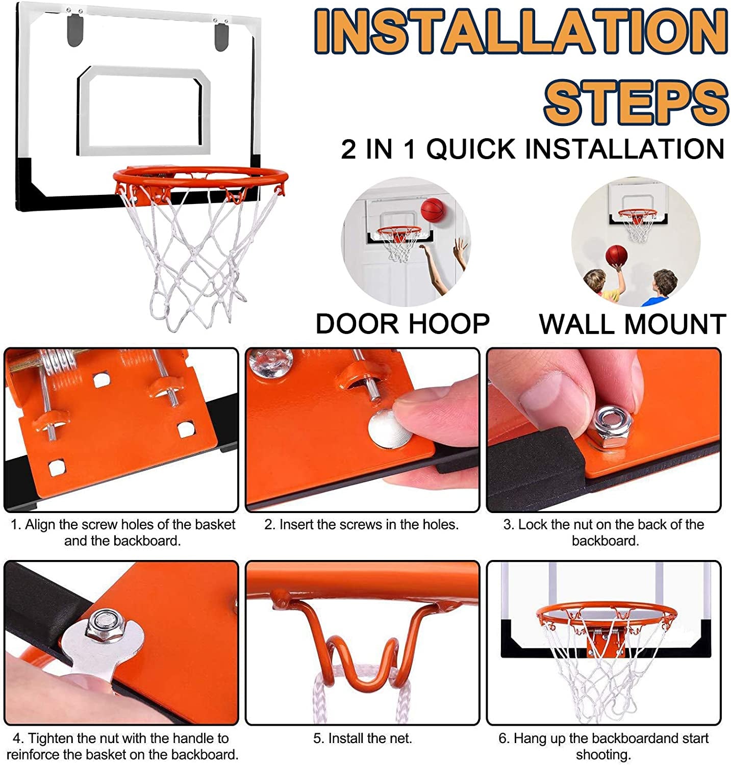 Indoor Mini Basketball Hoop Set for Kids and Adults - Strong Over The Door Basketball Hoop Game with Pump - Ideal Sport Toys Gift for Boys, Girls, and Teens - Orange