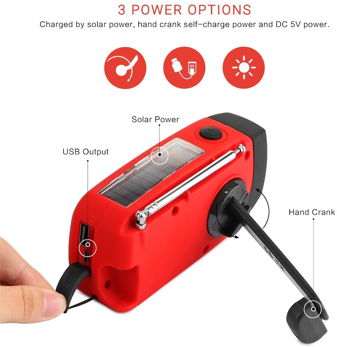 Solar Powered Hand Crank Emergency Weather Radio: Features FM/AM/NOAA Radio, 3-LED Flashlight, and 2000mAh Power Bank for Smartphones - A Must-Have for Emergency Situations.