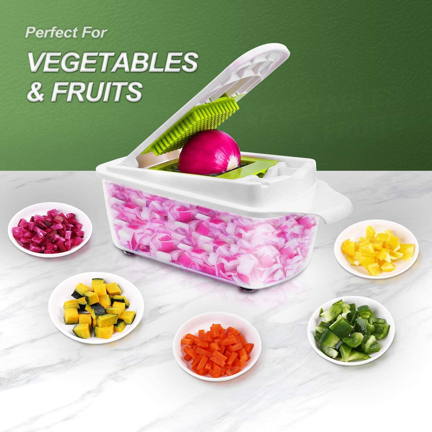 12-in-1 Vegetable Chopper and Dicer: A versatile food chopper and slicer for onions, potatoes, salads, fruits, apples, carrots, with a container and 12pcs accessories included.