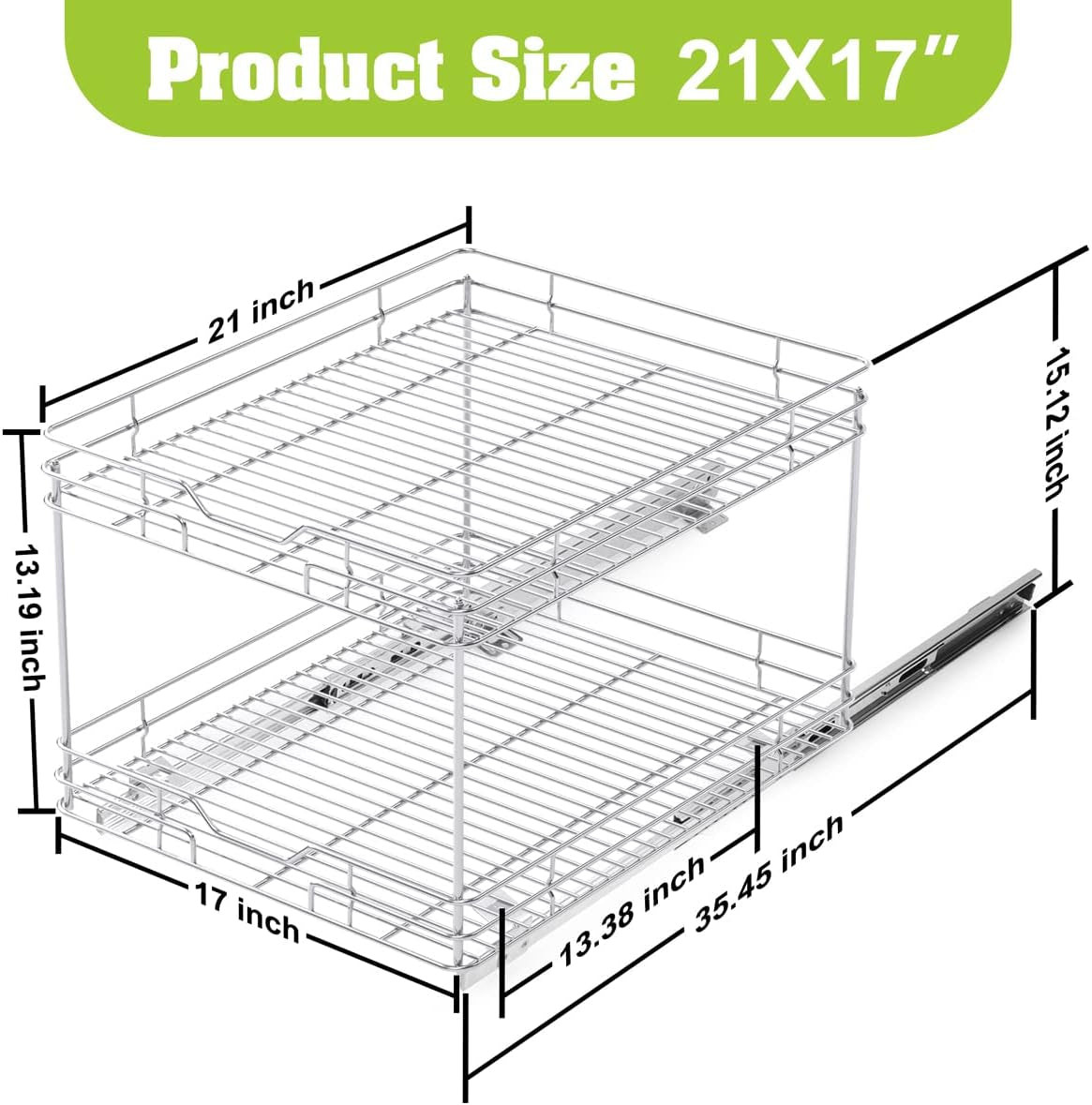 2-Tier Heavy-Duty Pull-Out Cabinet Drawer Organizer - 21''Dx17''W - Designed for Cabinets with a Minimum 18” Opening, Wire Frame with Chrome Finish