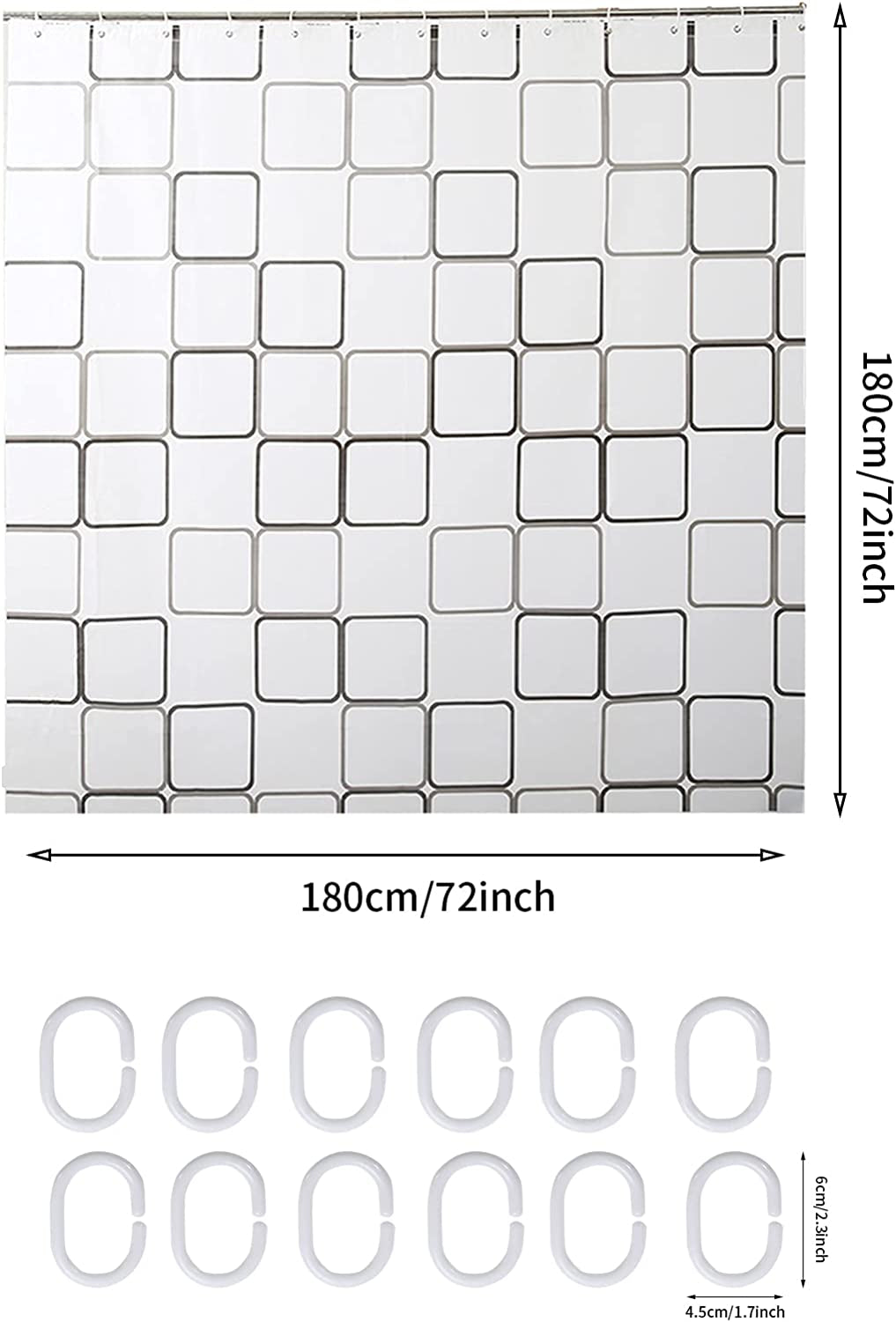 Black and White Lattice Shower Curtain for Bathroom - Contemporary Design - Waterproof - Includes Clear Shower Curtain Hooks Set - Measures 71" x 71" - Enhance Bathroom Decor.
