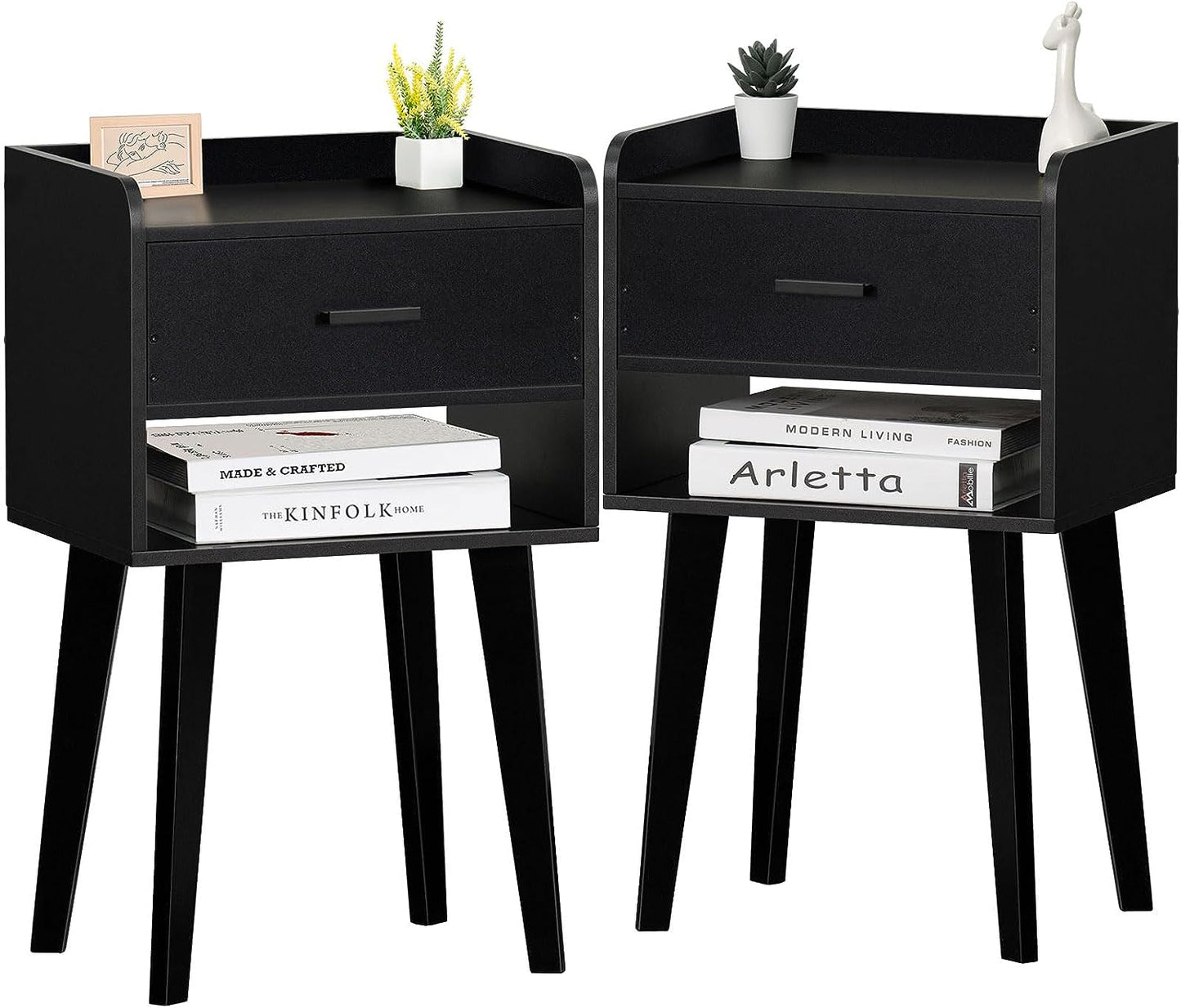 Set of 2 Modern Black Nightstands: Bedside Tables with Drawers, Wood End Tables Perfect for Small Spaces, Providing Storage in the Bedroom, Living Room, or Dorm Room, Each Measuring 26.38'' in Height