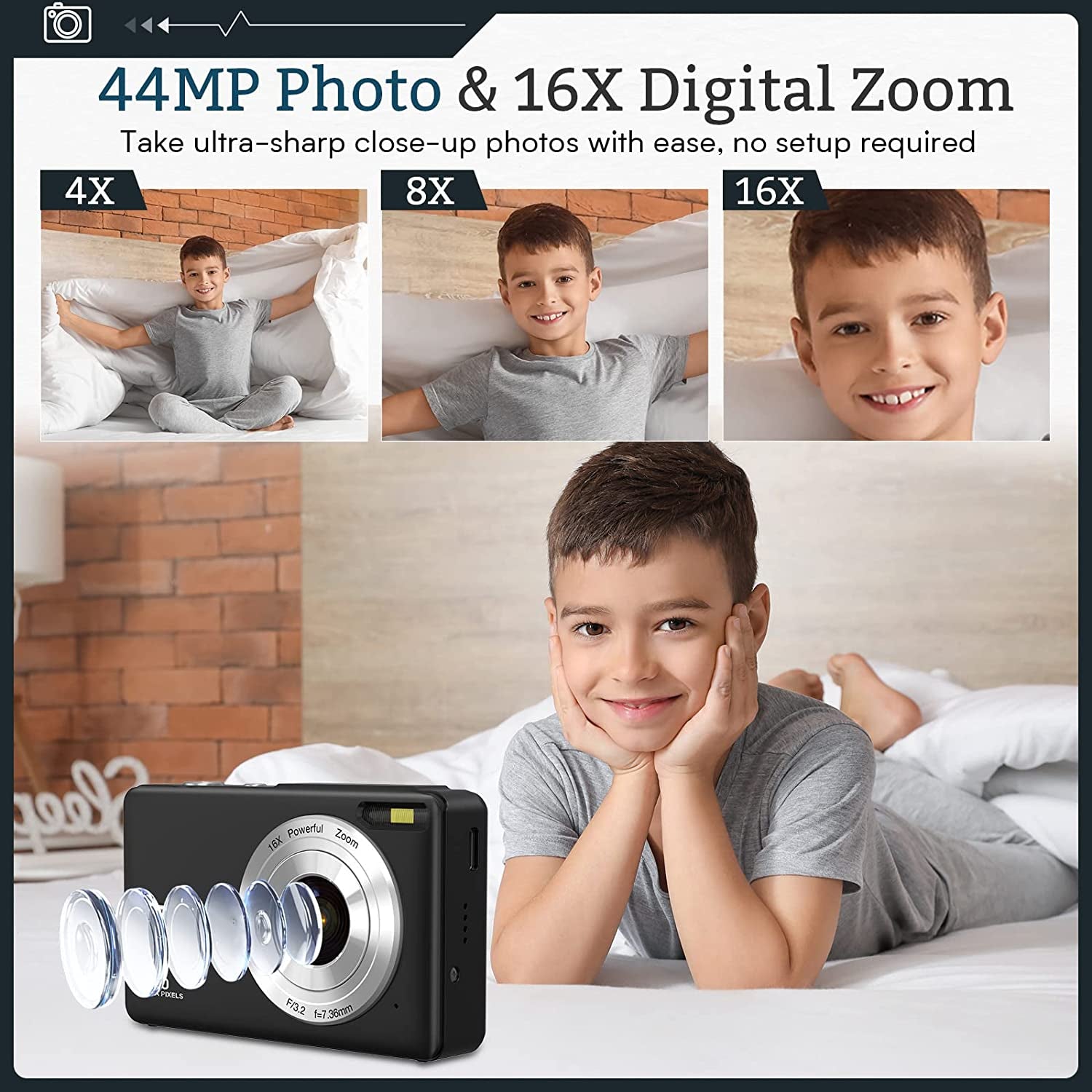 Kids Digital Camera with 32GB Card, FHD 1080P 44MP Compact Vlogging Camera, Point and Shoot Camera with 16X Digital Zoom, Portable Mini Camera for Teens and Students (Black)