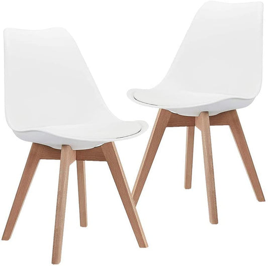 Set of 2 Mid Century Modern DSW Side Chairs with Wood Legs: Ideal for Kitchen, Living, and Dining Rooms, in White Color