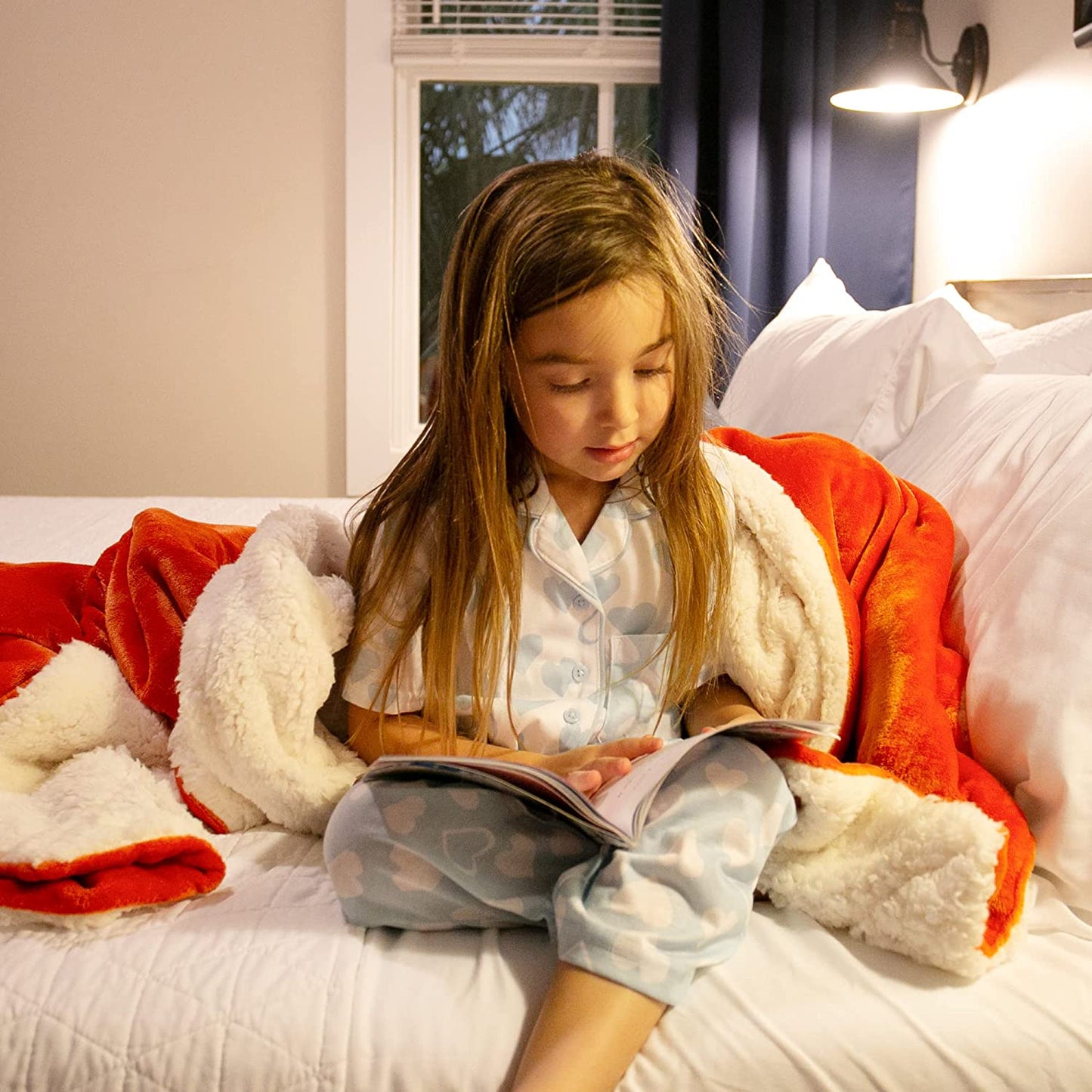Kids Sherpa Fleece Throw Blanket for Couch - A Winter Warm, Fuzzy, and Soft Blanket measuring 50 inches x 60 inches. It's Velvet Reversible and offers a Luxurious feel. Ideal for home, bed, and school use, and comes in an attractive Orange color.