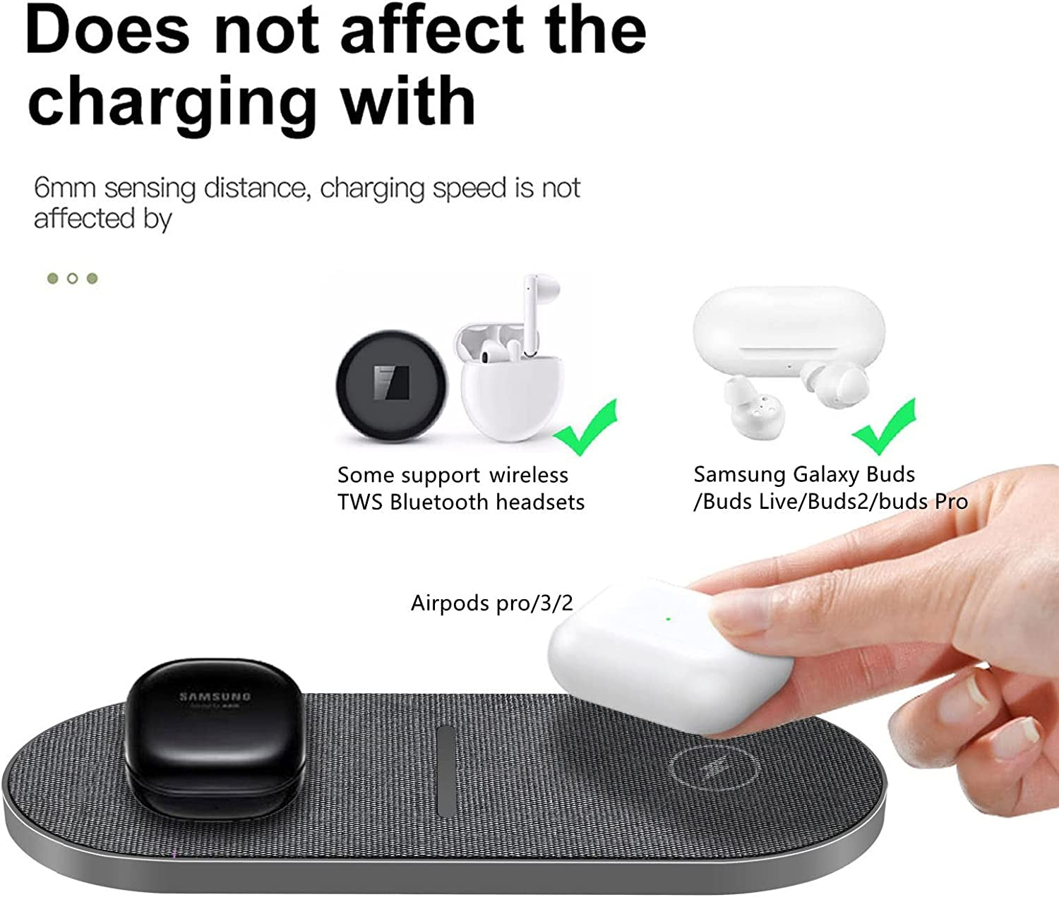 Dual 20W Wireless Charging Pad: 2 in 1 Fast Wireless Charging Mat for iPhone 14, 13, 12, 11/Pro/Plus/Mini/SE/X/Xs and Apple AirPods 3/2/Pro. Also, a 15W Wireless Charger Station for Samsung Galaxy/Note/Galaxy Buds.