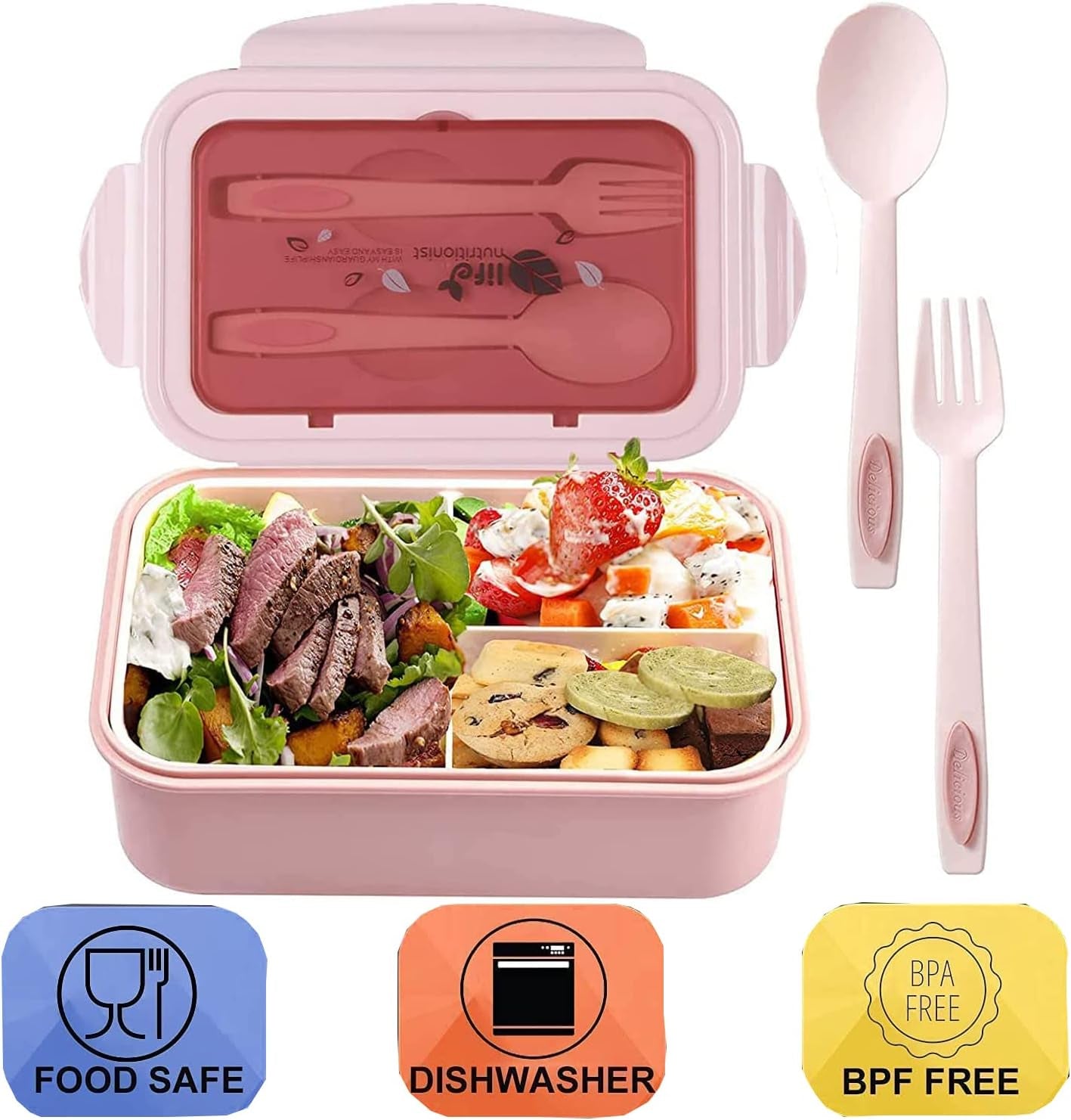 Bento Lunch Boxes for Adults and Kids - 1100 ML Capacity - Includes Spoon & Fork - Durable and Leak-Proof Design for On-The-Go Meals - Made from BPA-Free and Food-Safe Materials - Pink Color.