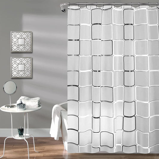 Black and White Lattice Shower Curtain for Bathroom - Contemporary Design - Waterproof - Includes Clear Shower Curtain Hooks Set - Measures 71" x 71" - Enhance Bathroom Decor.