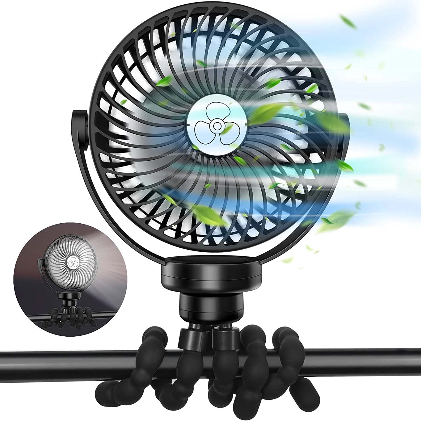 USB Rechargeable Stroller Fan with Flexible Tripod, LED Light, and Ultra Quiet Operation - Portable Personal Fan for Stroller, Car Seat, Bike, Camping, Office, and Outdoor Use