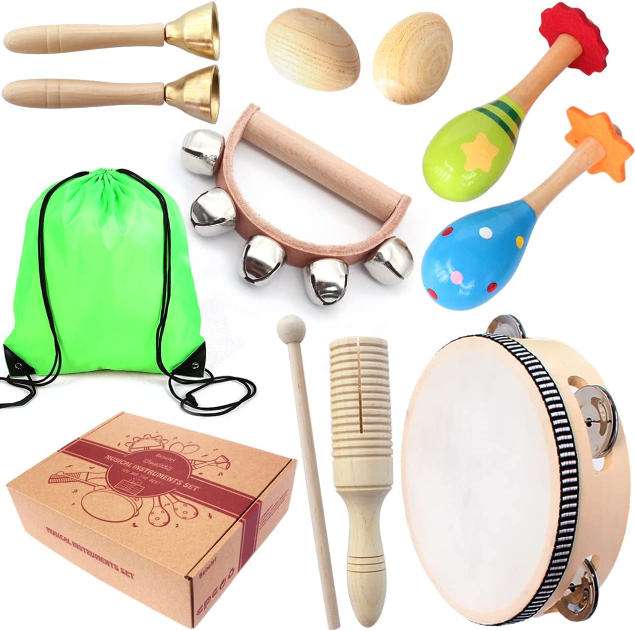 Wooden Musical Instruments Set for Children - Crafted from Safe and Friendly Natural Materials, designed to support Kid's Music Enlightenment. This Percussion Instrument Music Toys Kit is suitable for Preschool Education and includes a Storage Mesh Bag 