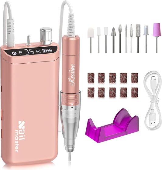 Portable Electric Nail Drill Machine: A Rechargeable, Professional Nail E File Drill with 35000 RPM. Ideal for Acrylic and Gel Nails, Polish Removal, and Nail Shaping. Includes 10 Bits and Sanding Bands, and it comes in a stylish Rose Gold color.