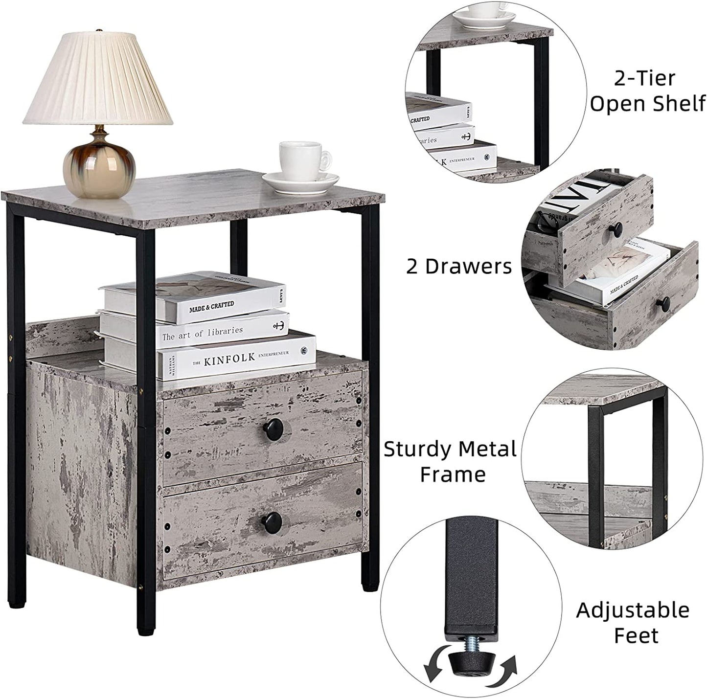 Grey Industrial Nightstand: Bedside Table with 2 Drawers, Open Shelf, and Steel Frame, Ideal for Bedroom or Dorm Use, 23.6'' in Height, Grey Color