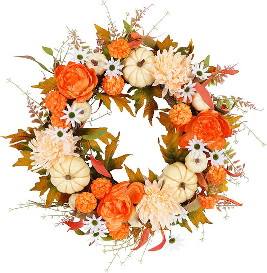 20" Fall Wreath for Front Door - An Artificial Maple Leaves Harvest Wreath designed for your farmhouse-style Autumn, Halloween, and Thanksgiving home decor. Suitable for both indoor and outdoor use.