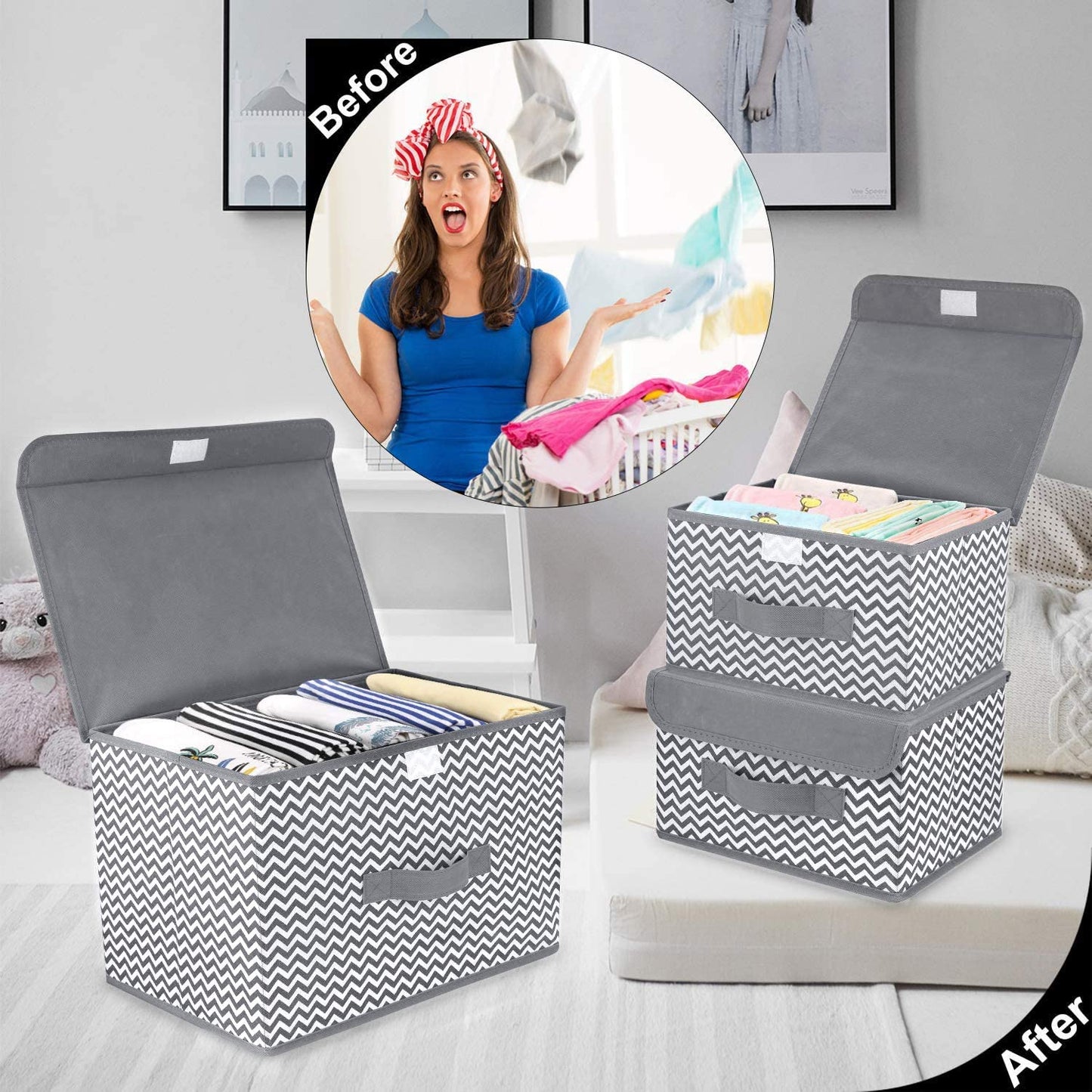 Storage Boxes with Lids, 3 Pack Foldable Storage Organiser Box with Handle Large Storage Bins for Toy, Books, Closet, Bedroom, Home(Light grey)