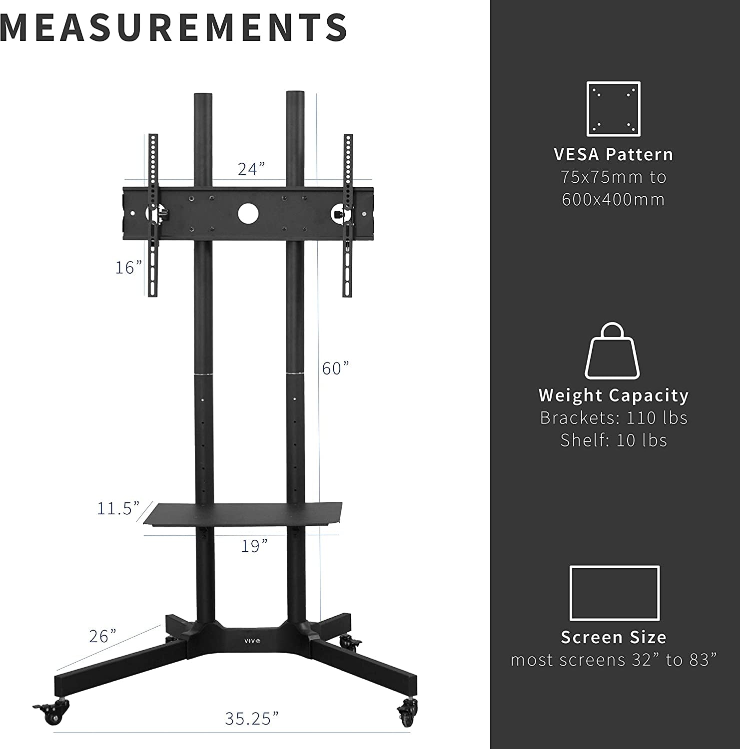 Mobile TV Cart for Screens Ranging 32 to 83 inches and Supporting up to 110 lbs - Designed for LCD, LED, OLED, 4K, Smart Flat, and Curved Panels - Rolling Stand, Laptop DVD Shelf, Locking Wheels, and Compatible with Max VESA 600x400 - Black