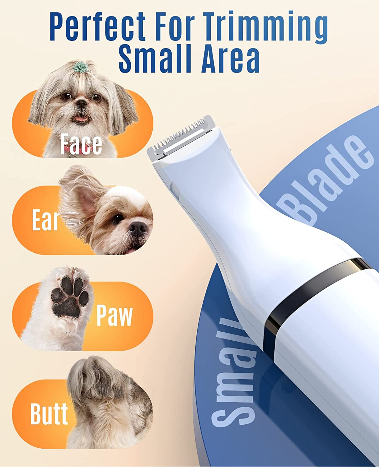 Cordless Dog Clippers with Dual Blades for Precise Grooming - Low Noise Trimmer for Trimming Dog's Hair Around Paws, Eyes, Ears, Face, Rump (White)