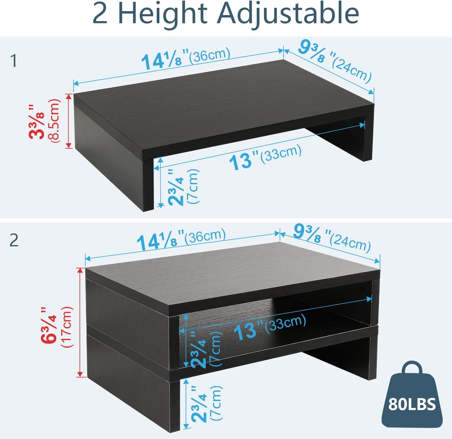 Wood Monitor Stand Riser-2 Pack, 2 Tier Adjustable Monitor Stand Dual Monitor Riser for 2 Monitors/Laptop/PC Black Computer Stand for Desk