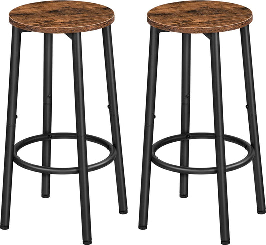 Set of 2 Industrial Bar Stools: Round Bar Chairs with Footrest, Black Steel Frame, Adjustable Feet, Ideal for Living Room, Dining Room, Kitchen - Rustic Brown with an Industrial Design 