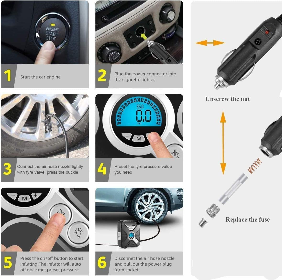 Portable Digital Car Tire Inflator - 12v Air Compressor with Pressure Gauge, LED Light, and Multiple Valve Adaptors - Suitable for Cars, Bikes, and Other Inflatables (Silver)