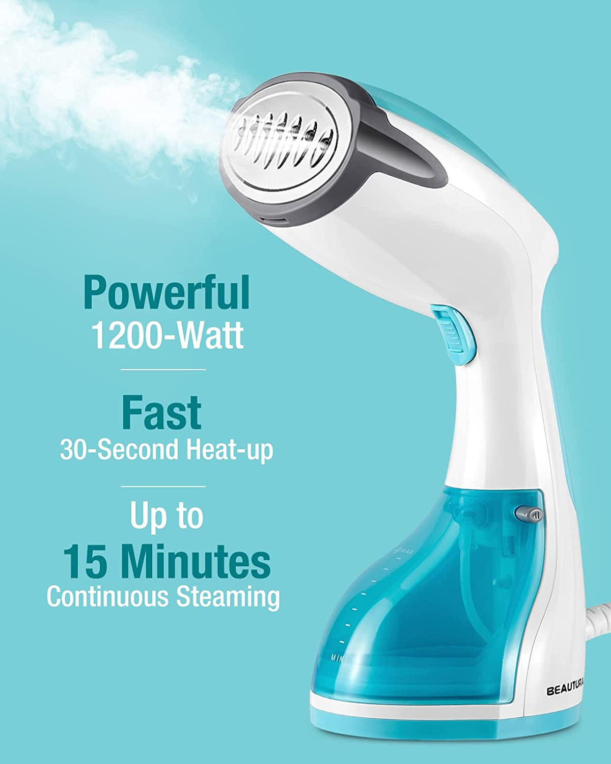 1200-Watt Handheld Garment Steamer with Rapid Heat-up, Large Water Tank, Aqua Color