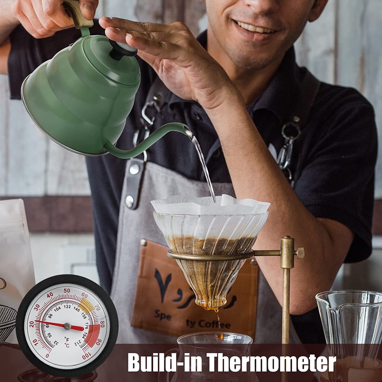 32oz Pour Over Coffee Kettle with Built-in Thermometer - Crafted from Food-Grade Stainless Steel, this Gooseneck Kettle ensures Exact Temperature control for brewing Tea and Coffee