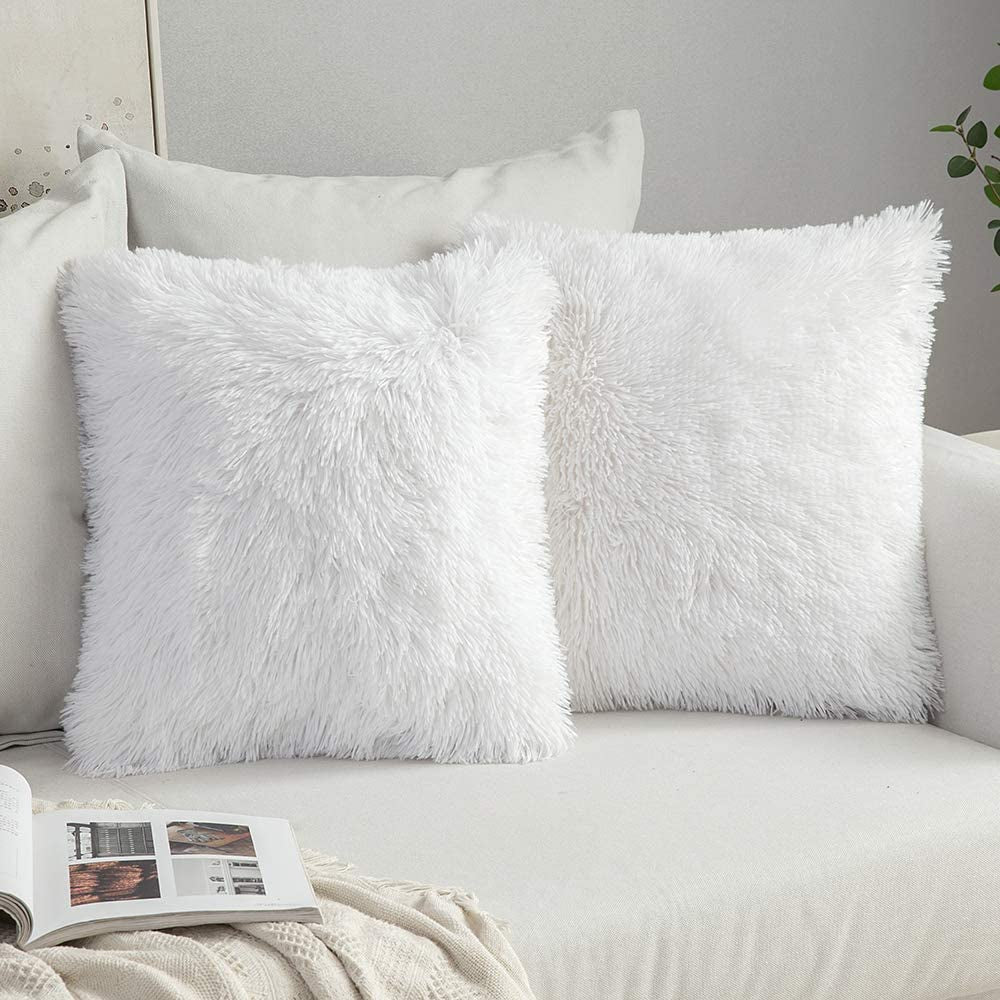 Set of 2 Deluxe Faux Fur Throw Pillow Covers: Add a touch of luxury to your decor with these Plush Decorative Pillow Cases. Perfect for Sofas, Bedrooms, and Cars. Each cover measures 20 x 20 inches in White.