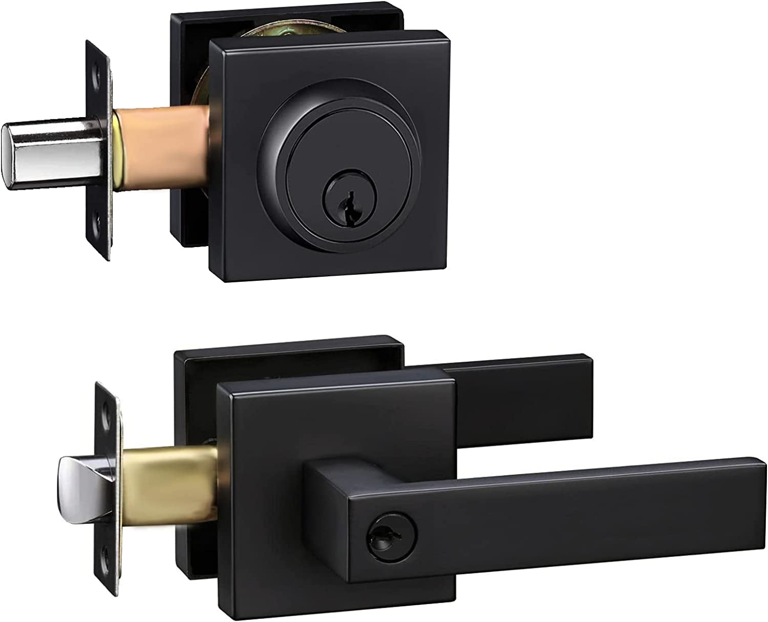 Modern Matte Black Entry Lever Door Locks with Deadbolt - Includes Square Exterior Front Door Handle and Single Cylinder Deadbolt as a Set.