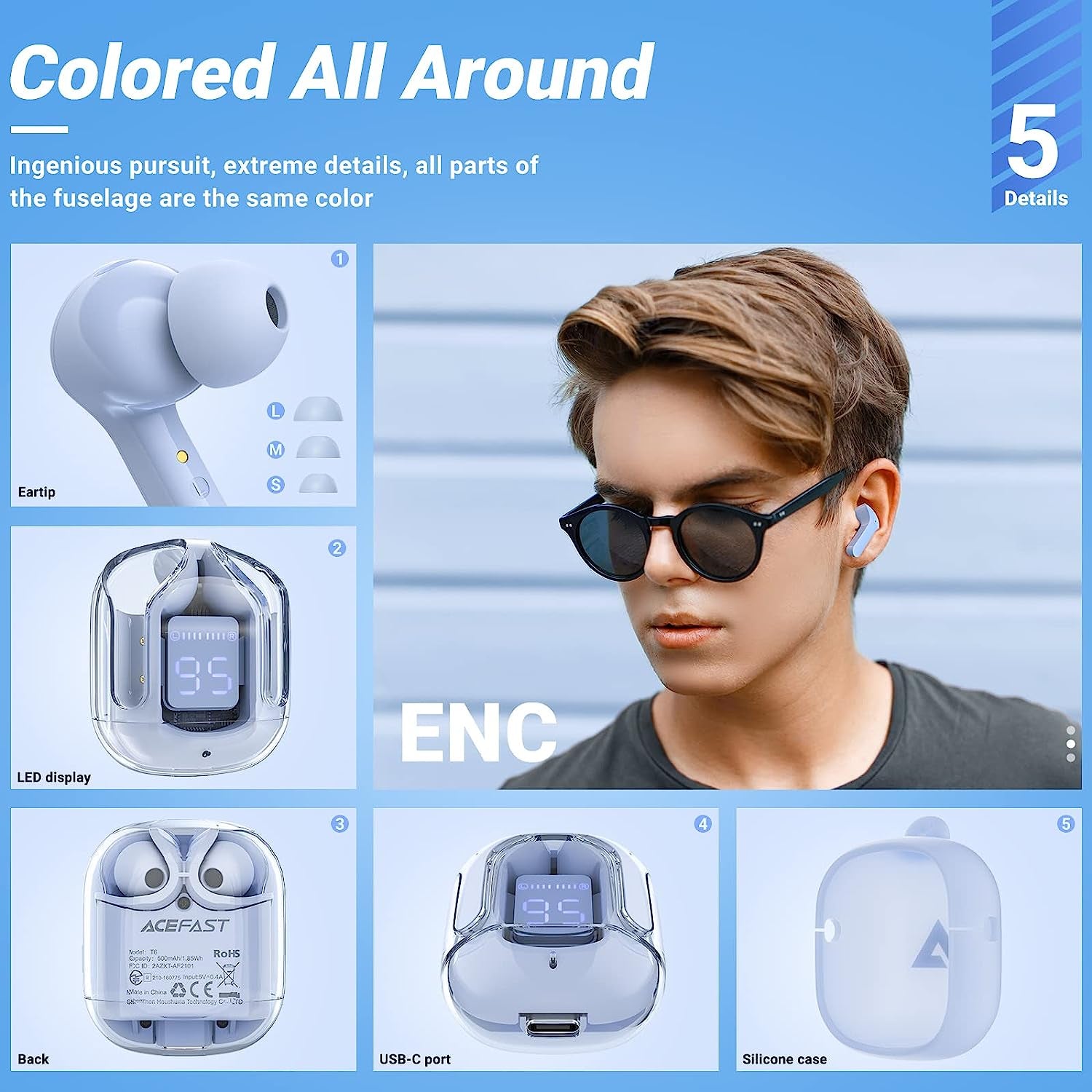 Bluetooth Wireless Earbuds - Translucent Earphones with ENC Noise Canceling, Hifi Dual Stereo Microphone, Mini In-Ear Earbuds with Touch Control, Charging Case, and LED Digital Display