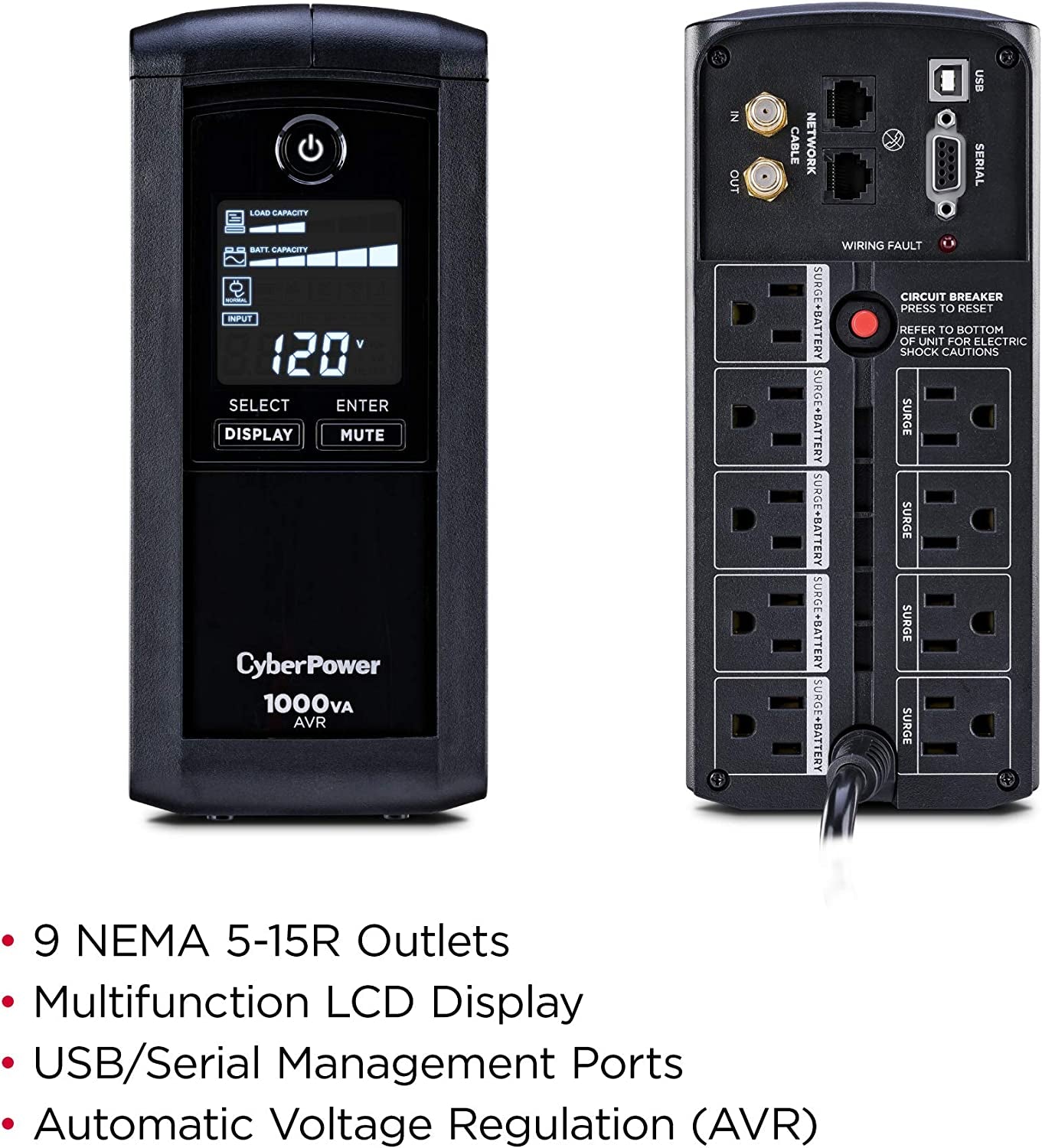 Intelligent LCD UPS System - 1000VA/600W, 9 Outlets, AVR, Mini-Tower Design