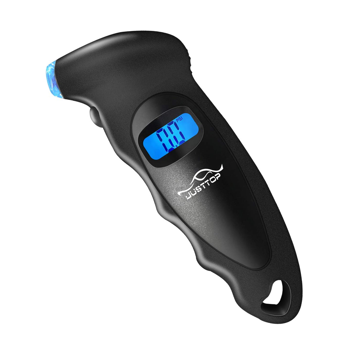 Black Digital Tire Pressure Gauge: Suitable for Cars, Trucks, and Bicycles with 4 Pressure Settings up to 150PSI. Equipped with Backlit LCD for Easy Reading and an Anti-Skid Grip for Accurate Measurements.