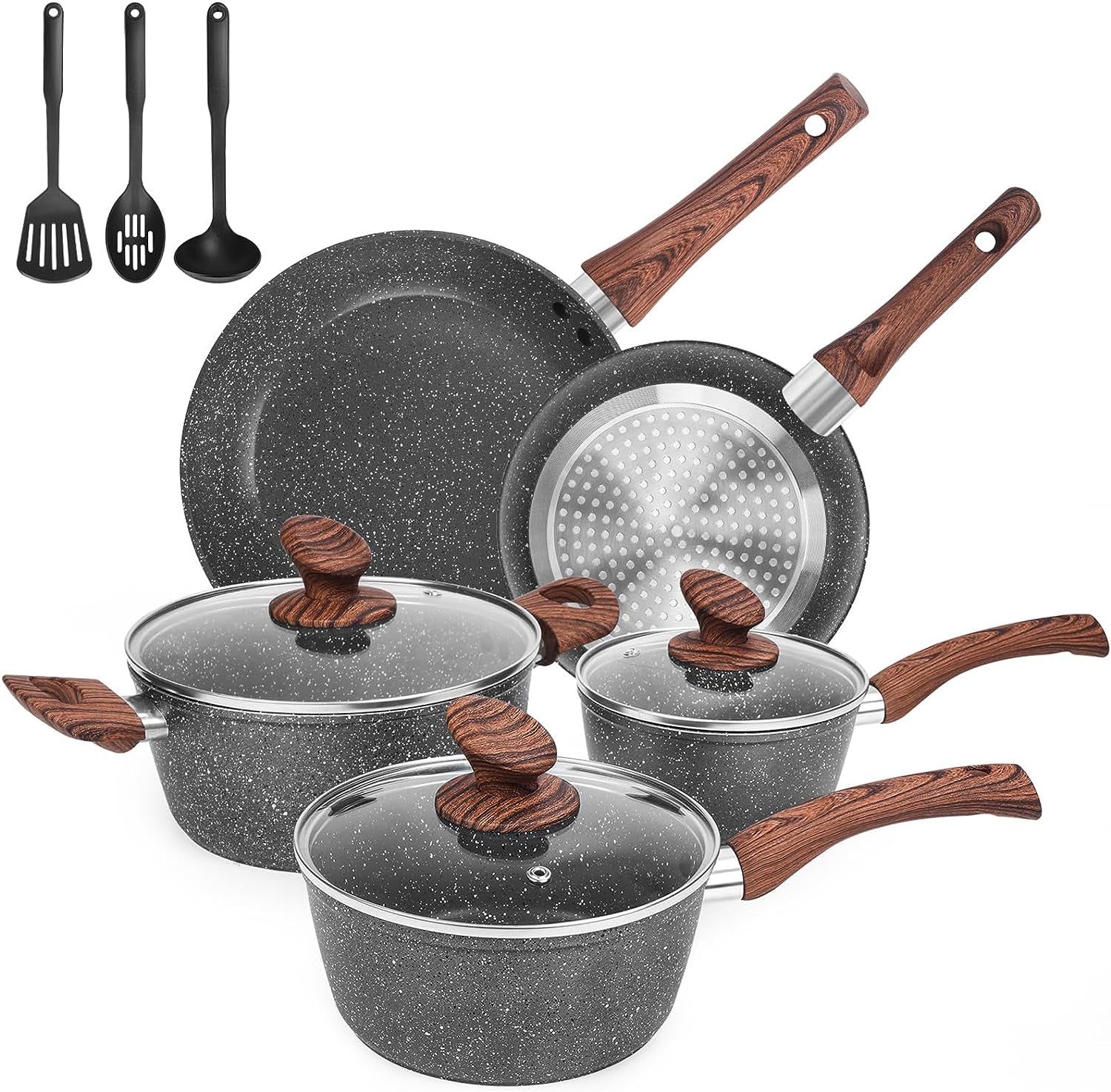 11 Piece Die-Casting Cookware Set with Pre-Installed Nonstick Granite Coating, Including Frying Pan, Sauce Pan, Cooking Pot, Kitchen Utensils - Gas/Induction Compatible and 100% PFOA Free