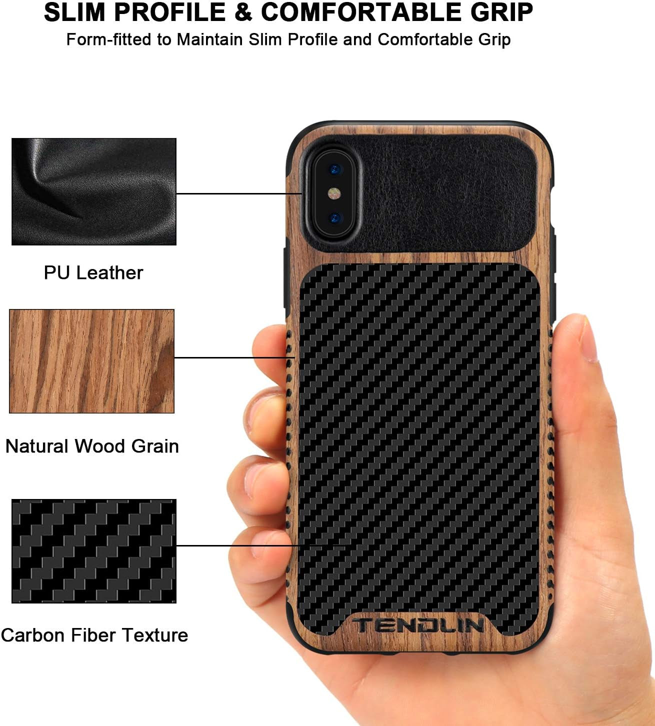 iPhone Xs Case/iPhone X Case with Wood Grain and Carbon Fiber Texture Design. Compatible with both iPhone X and iPhone Xs. Slim and stylish.