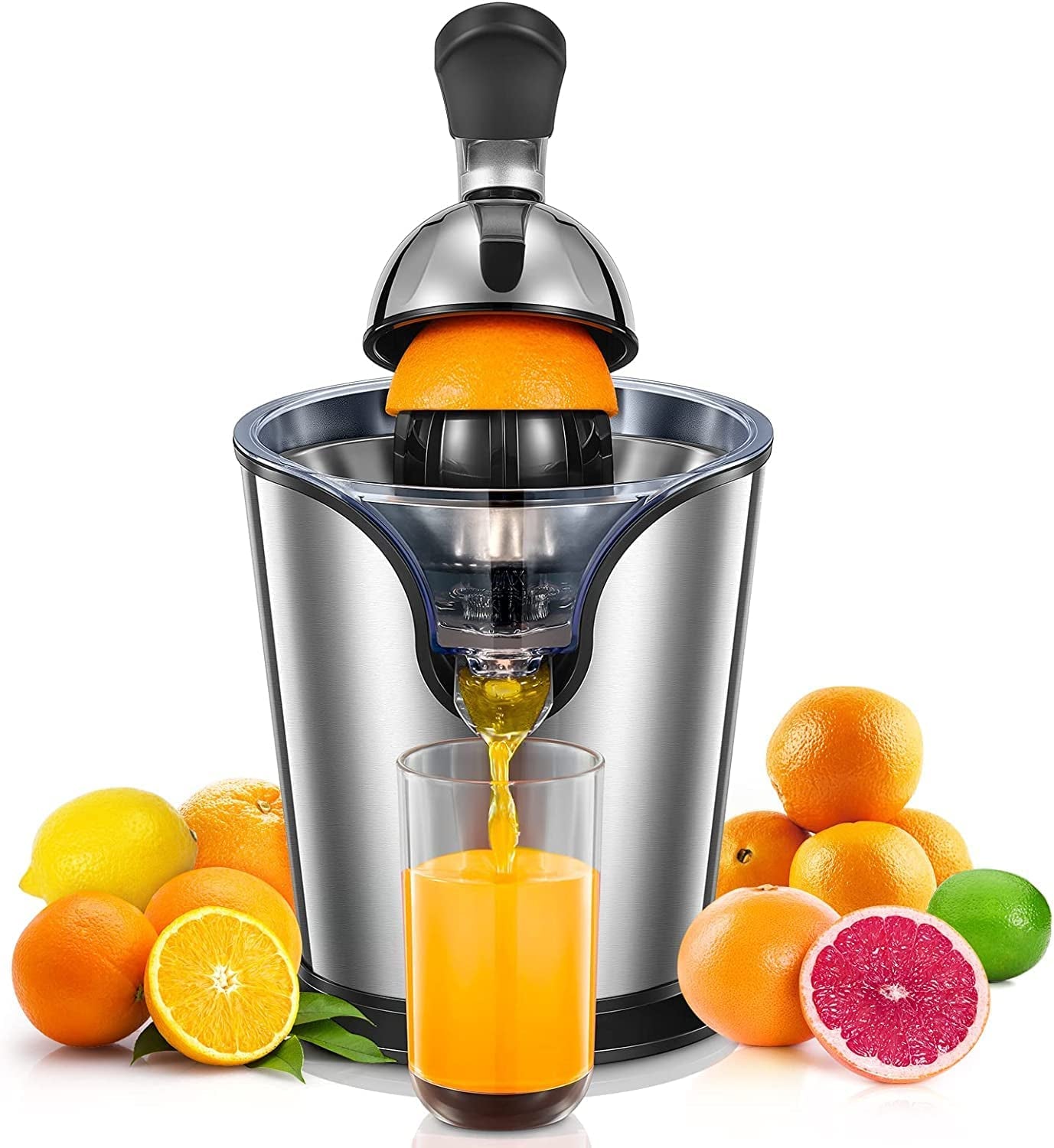 Compact Stainless Steel Electric Citrus Juicer - Citrus Press Juicer Squeezer with 2 Size Cones, Humanized Handle, Ideal for Oranges, Lemons, Grapefruits, and Limes.