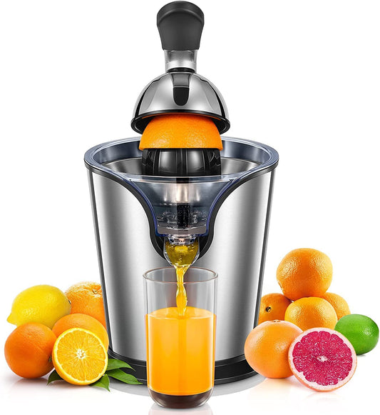 Compact Stainless Steel Electric Citrus Juicer - Citrus Press Juicer Squeezer with 2 Size Cones, Humanized Handle, Ideal for Oranges, Lemons, Grapefruits, and Limes.