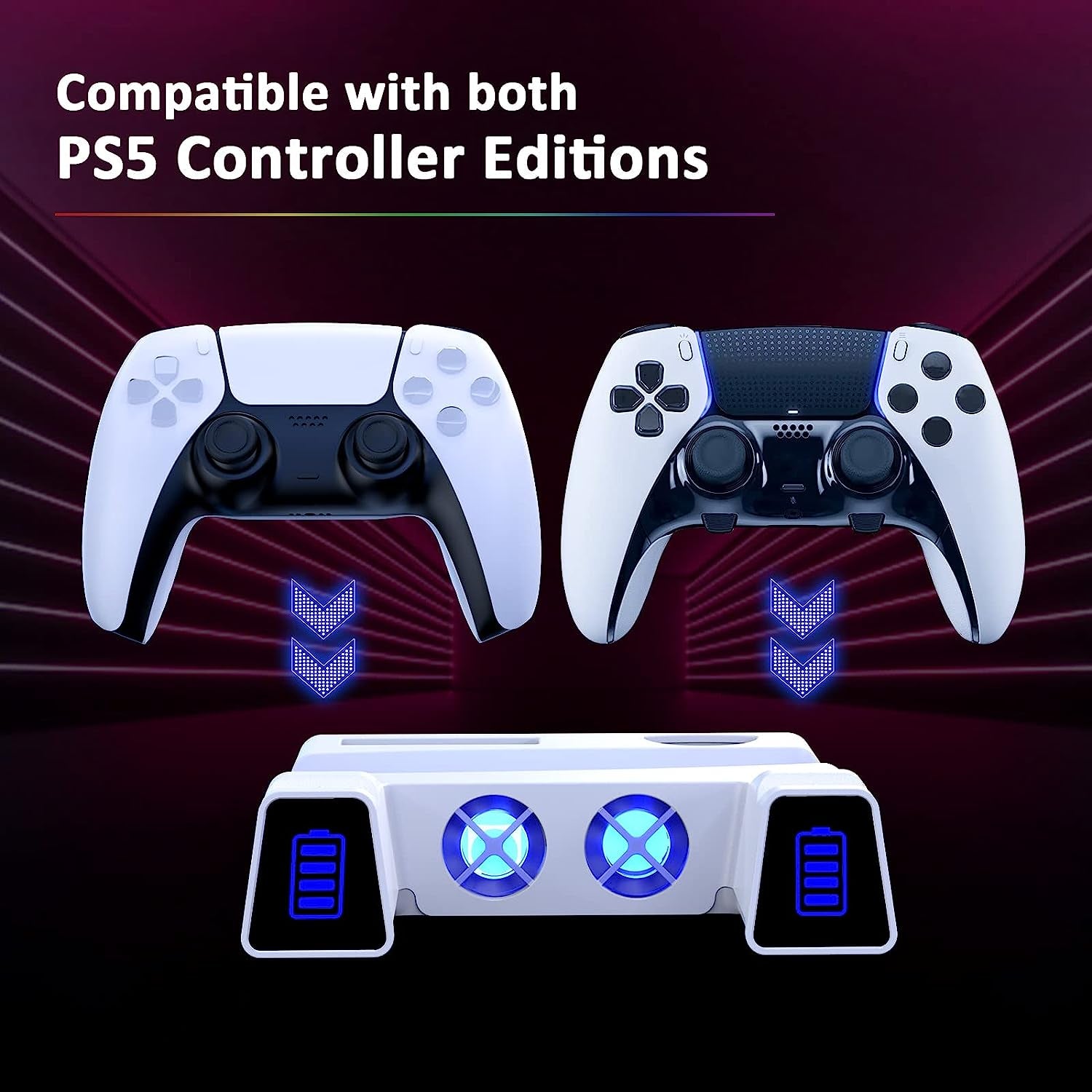 PS5 Silent Cooling Stand with RGB LED Light, Dual Charging Station for Dualsense Edge Controller, Hard Drive Slot, Holders for Headset and Remote, and 10 Game Slots - White