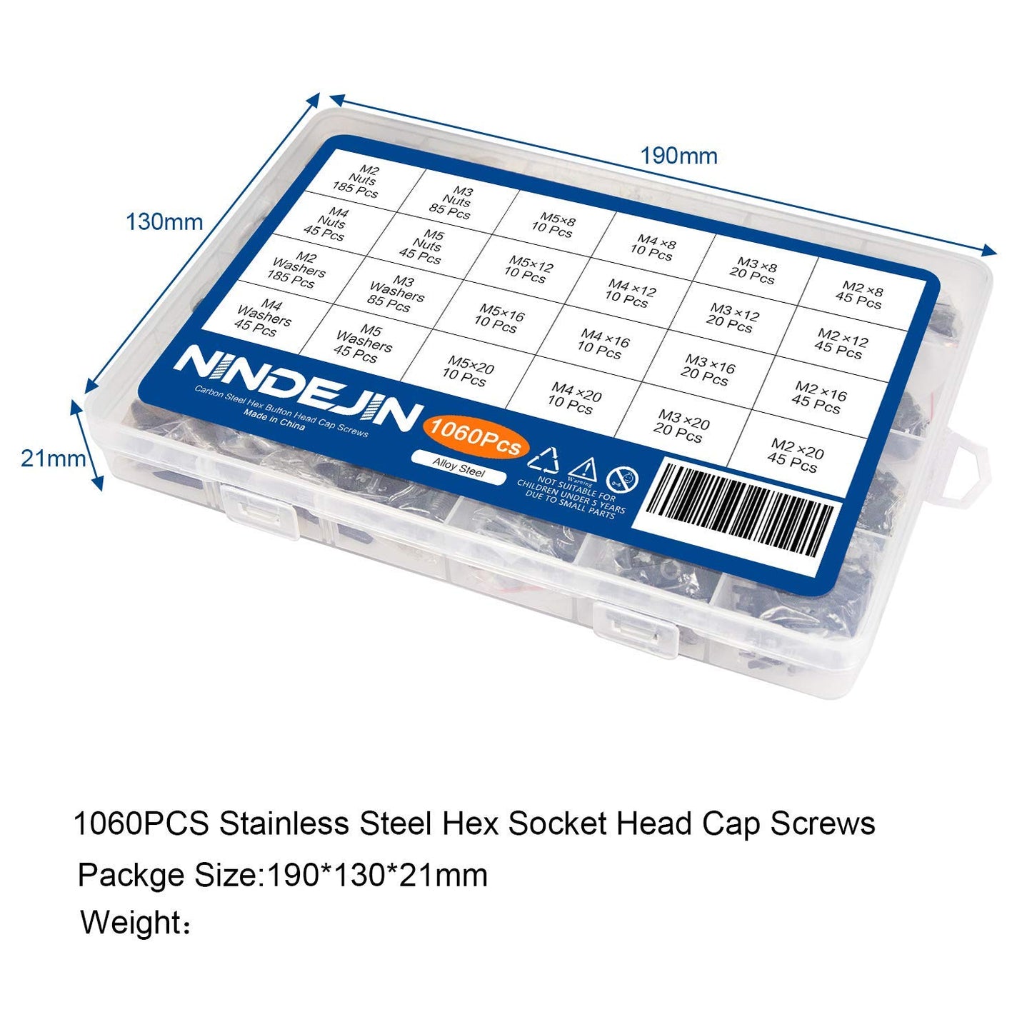 Alloy and Carbon Steel Screws Assortment Kit: 1060pcs of M2, M3, M4, and M5 Hex Socket Cap Screws and Nuts