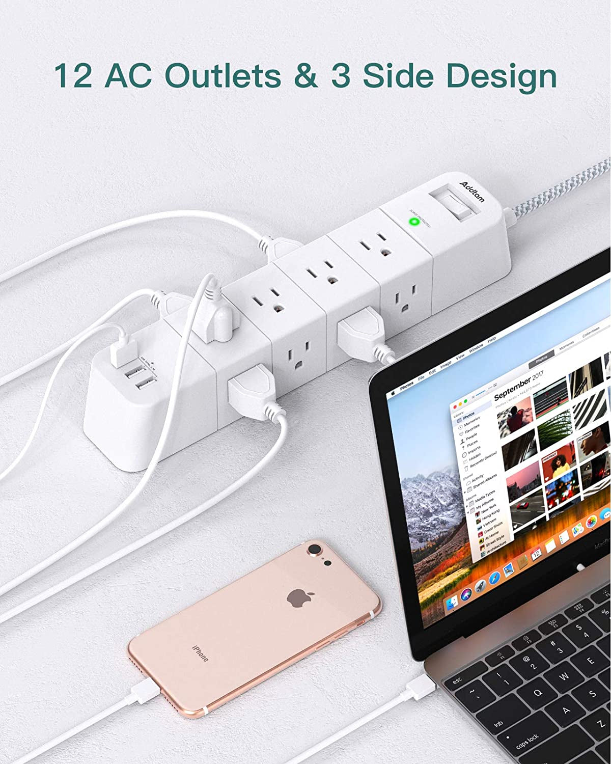 12-Outlet Surge Protector Power Strip with 3 USB Ports and a 5 Ft Long Extension Cord - Flat Plug Design, Surge Protection Outlet Strip for Home, Office, and More, with Wall Mount Option