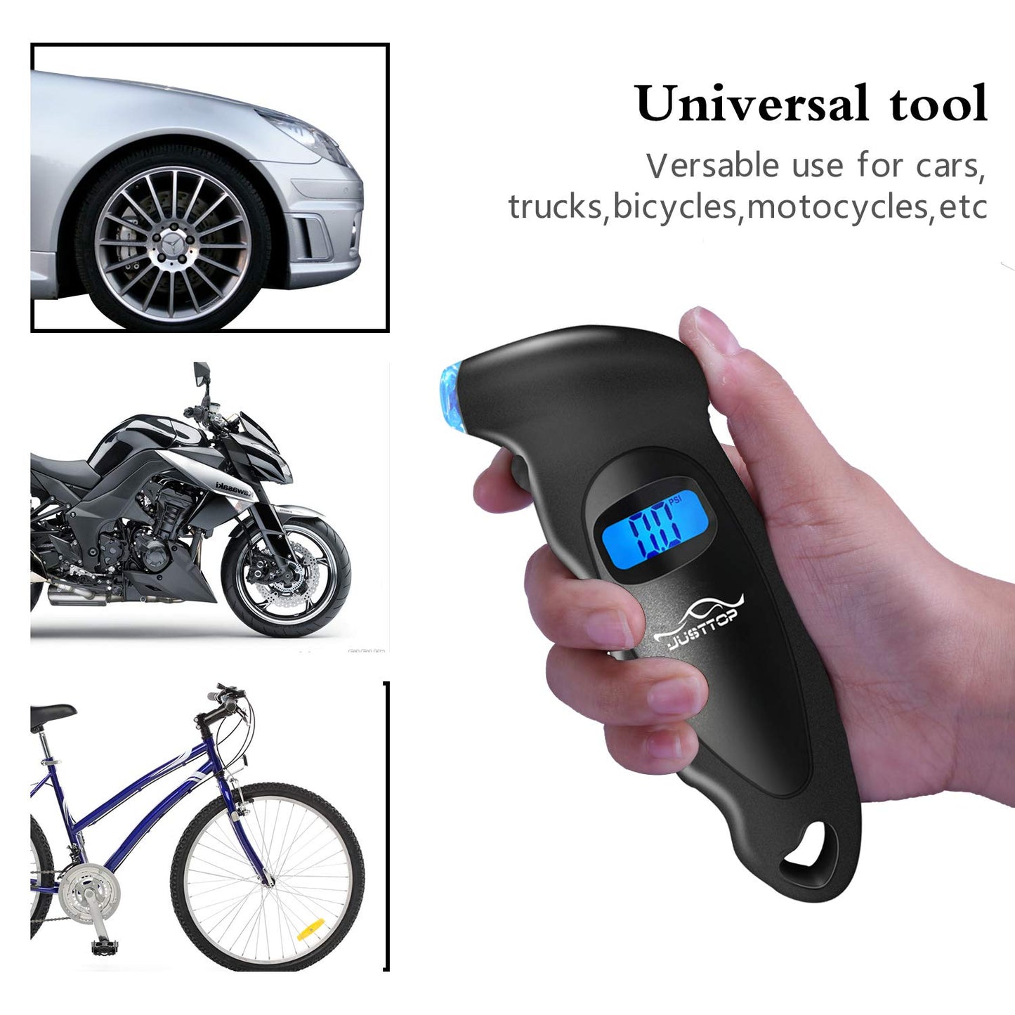 Black Digital Tire Pressure Gauge: Suitable for Cars, Trucks, and Bicycles with 4 Pressure Settings up to 150PSI. Equipped with Backlit LCD for Easy Reading and an Anti-Skid Grip for Accurate Measurements.