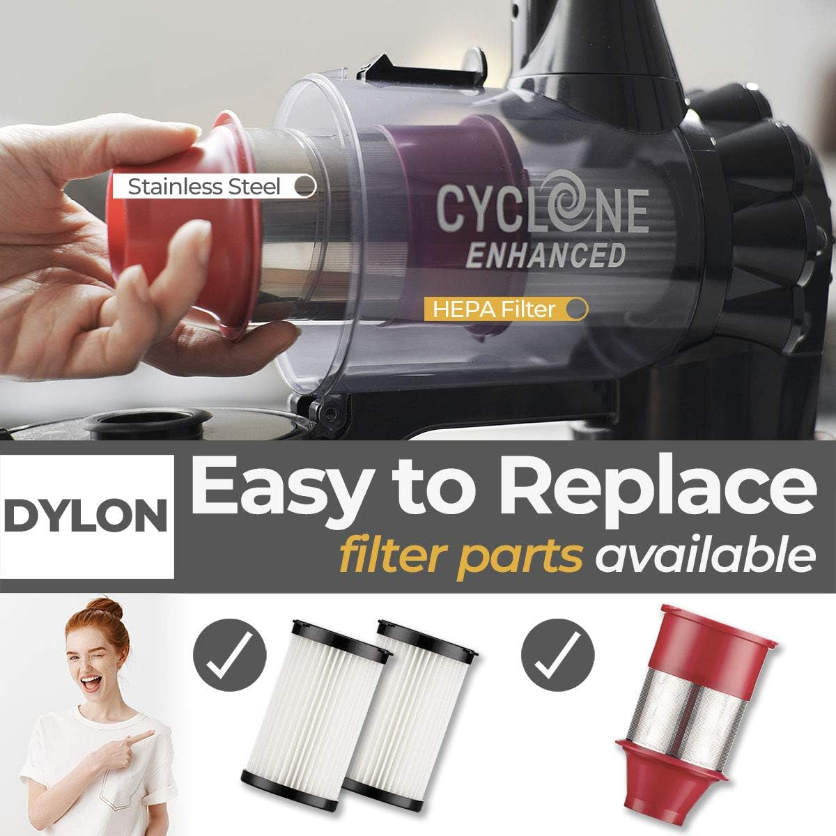 Dylon Cordless Stick Vacuum Cleaner with Self-Standing Feature, Extended Battery Life up to 25 Minutes, and Advanced Filtration System