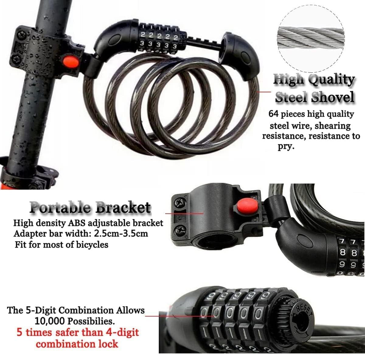 High Security 4 Feet Bicycle Lock with 5-Digit Combination, Heavy Duty Anti-Theft Cable Lock for Mountain Bikes, Including Mounting Bracket