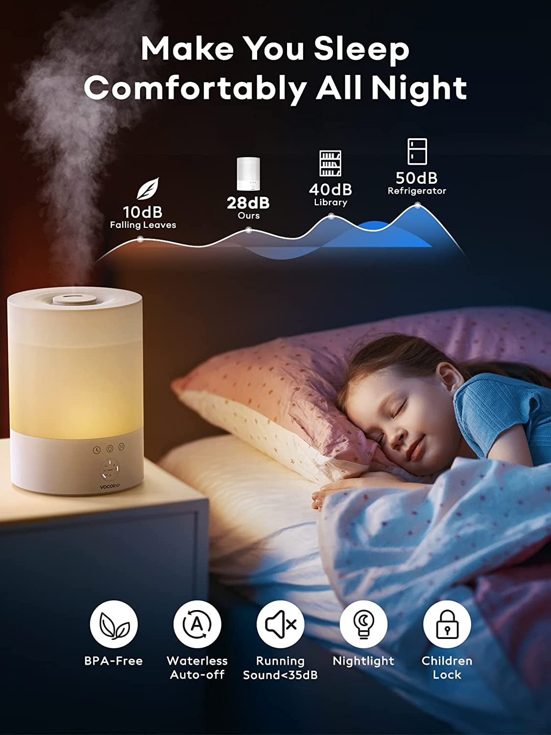 Smart Cool Mist Humidifier: 2.5L Humidifier with Auto-Target, Child Lock, 16 Million Colors, Suitable for Plants and Babies, Compatible with Apple HomeKit, Alexa, and Google Assistant