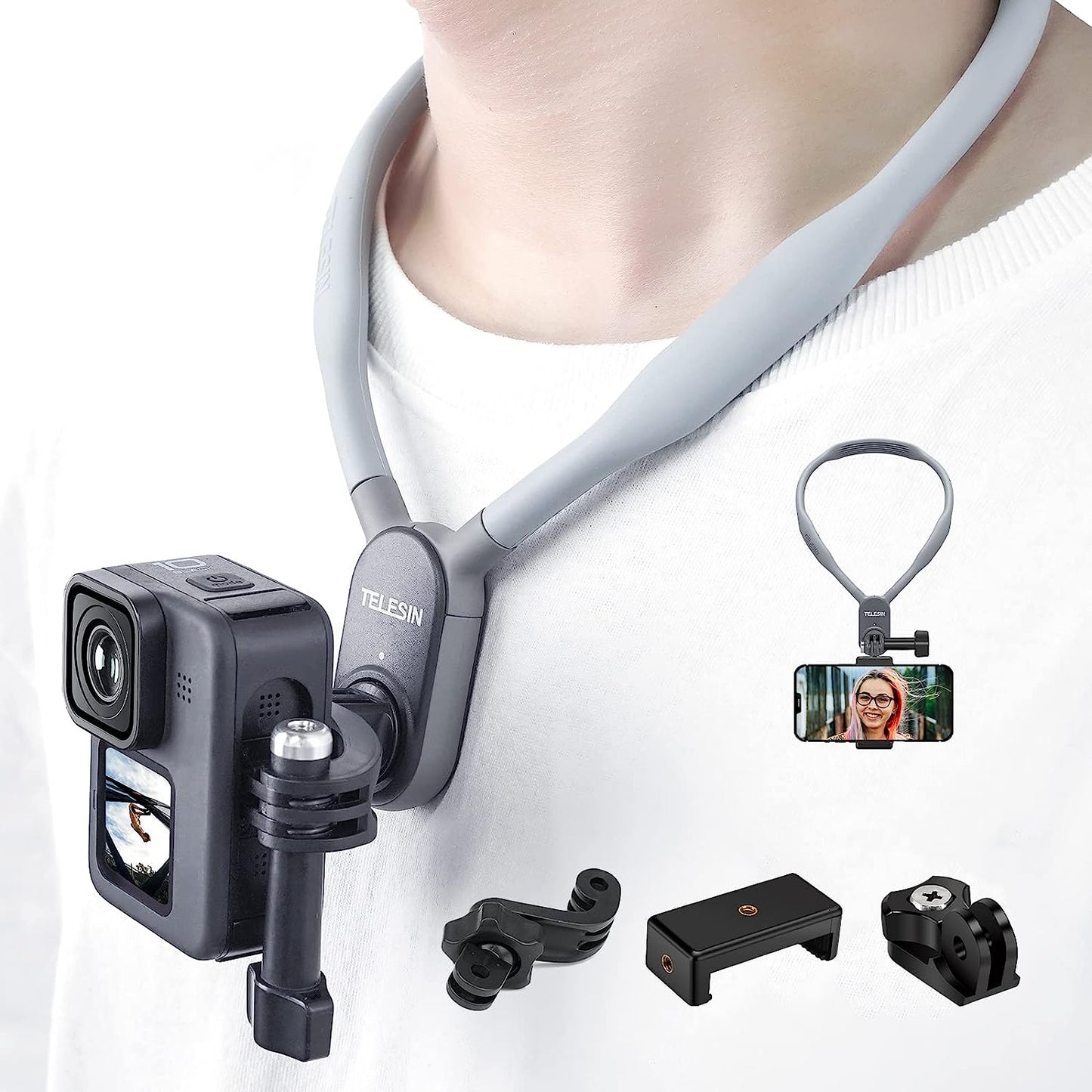 Magnetic Neck Mount Necklace Holder Lanyard Strap with Phone Clip and Vertical Adapter - Ideal Accessories for GoPro, Insta360, DJI Action, and iPhone