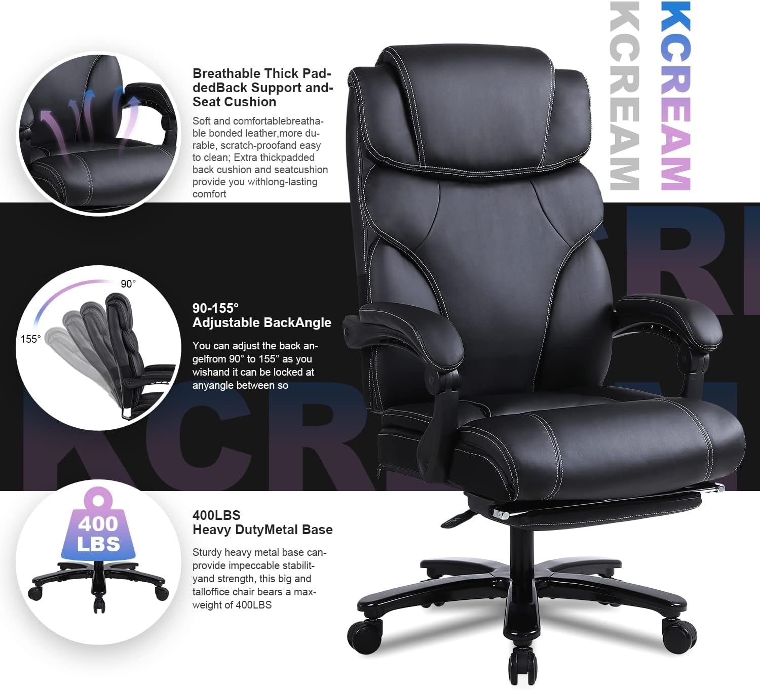 Tall Executive Office Chair - Ergonomic Leather Reclining Computer Desk Chair with Footrest, Adjustable Tilt Angle, High Back, Heavy Duty Metal Base, and Thick Padding. Identified as Model 9298-1 in Black.