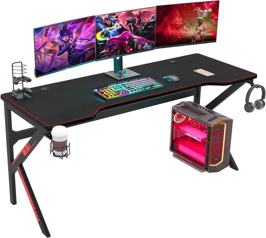 63-inch Gaming Desk with Full-Cover Mouse Pad - Large Workstation for Gamers and Office Use - Comes with Full-Cover Mouse Pad - Color: Black